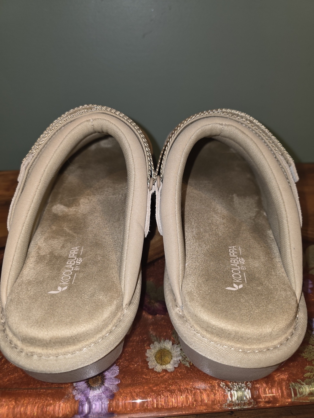 Koolaburra Tan Suede Mules with Metallic Gold Strap - Picture 4 of 10
